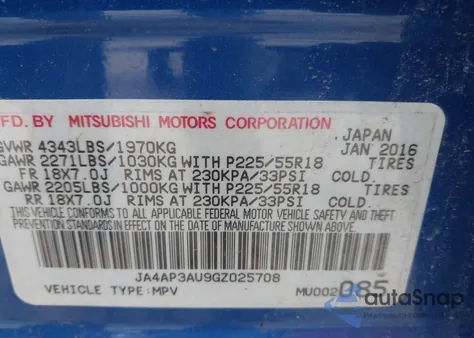 2016 Mitsubishi Outlander Sport 2.0 Es из США, поврежденный, VIN JA4AP3AU9GZ025708